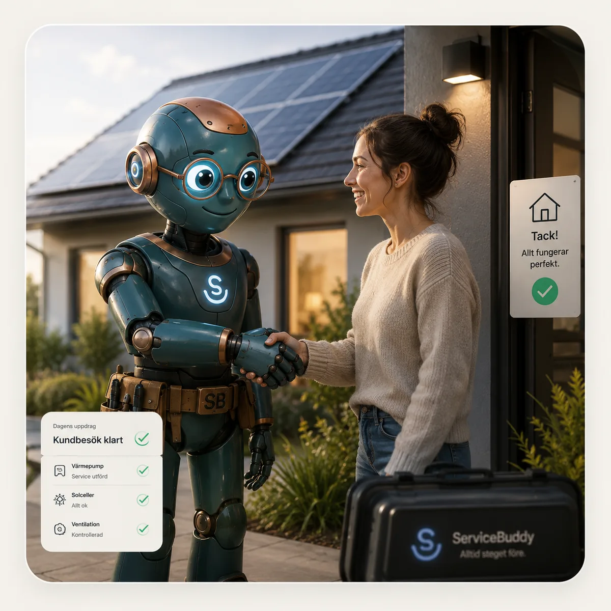 ServiceBuddy-mascoten skakar hand med en nöjd kund