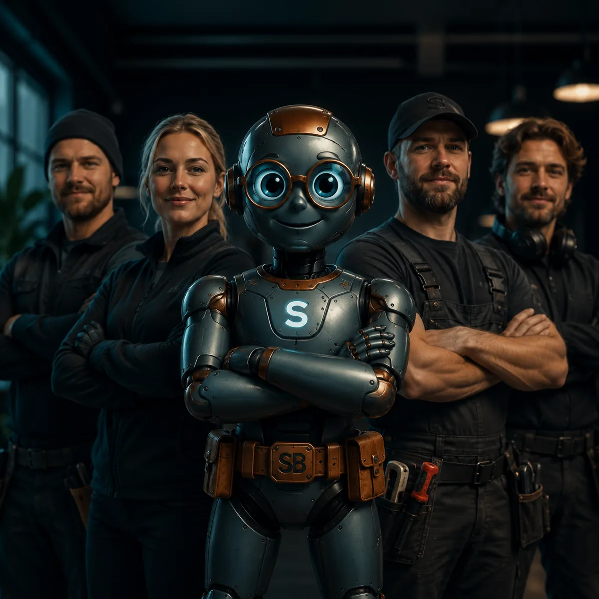 ServiceBuddy mascot med fyra servicetekniker — hela teamet samlat