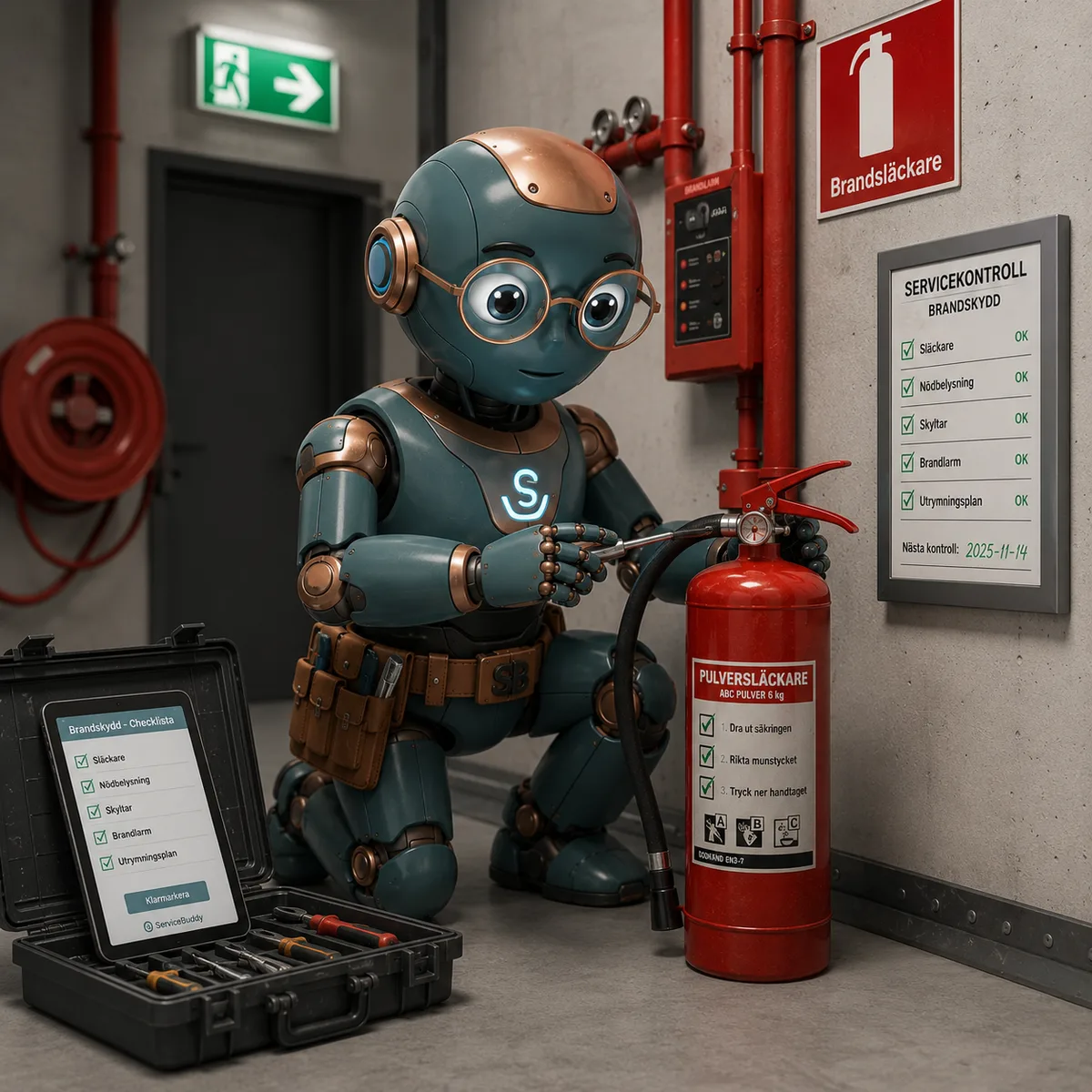ServiceBuddy mascot servar brandsläckare och brandskyddsutrustning