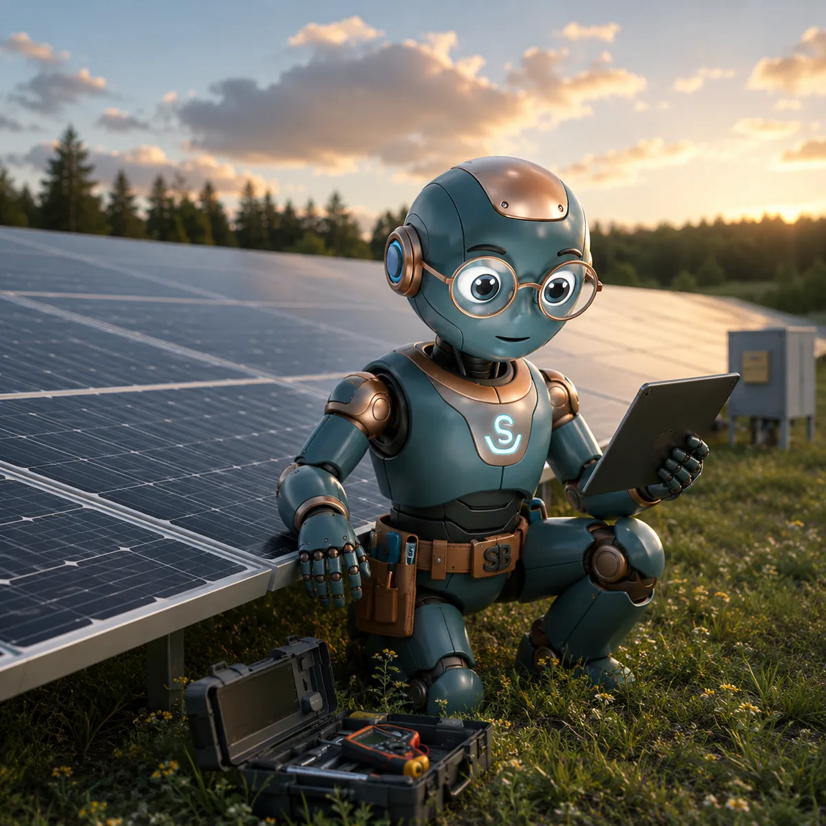 ServiceBuddy mascot servar solpaneler vid solnedgång