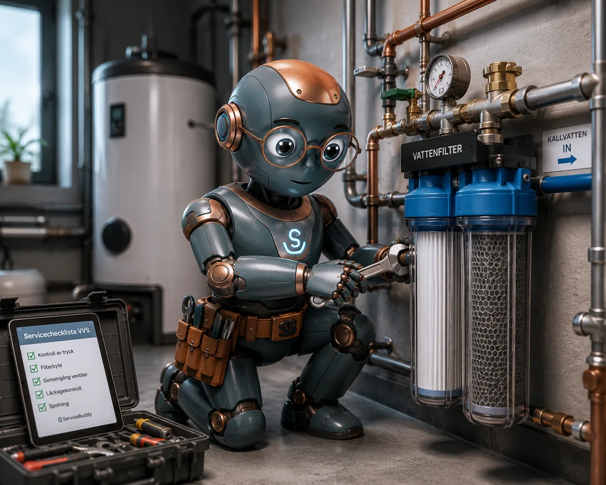 ServiceBuddy mascot byter vattenfilter och servar VVS-system