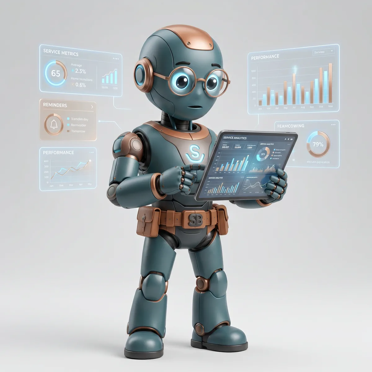 ServiceBuddy mascot håller upp realtids-statusvy